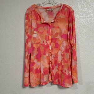 LOGO Lori Goldstein Cardigan Top Womens XL Mesh Abstract Print Semi Sheer
